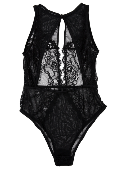 Lace And Mesh Keyhole Body Suit - Black