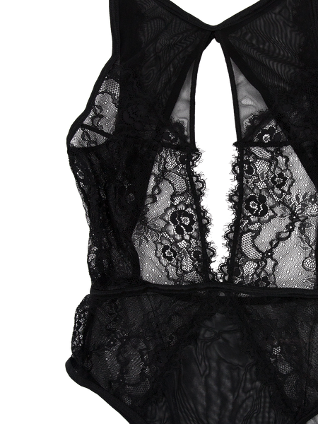 Lace And Mesh Keyhole Body Suit - Black