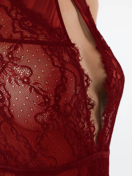 Lace And Mesh Keyhole Body Suit - Red