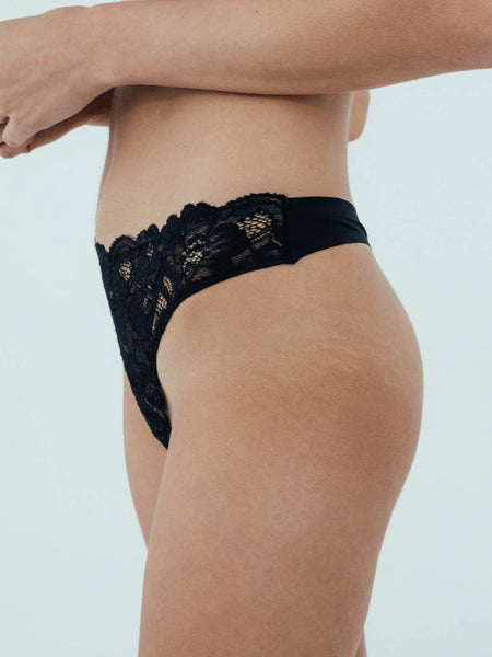 Lace Front Seamless Thong - Midnight Black