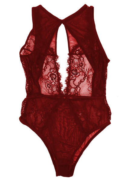 Lace And Mesh Keyhole Body Suit - Red