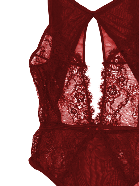 Lace And Mesh Keyhole Body Suit - Red
