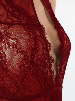 Lace And Mesh Keyhole Body Suit - Red