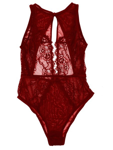 Lace and mesh keyhole body suit, Red
