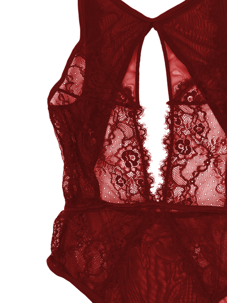 Lace and mesh keyhole body suit, Red